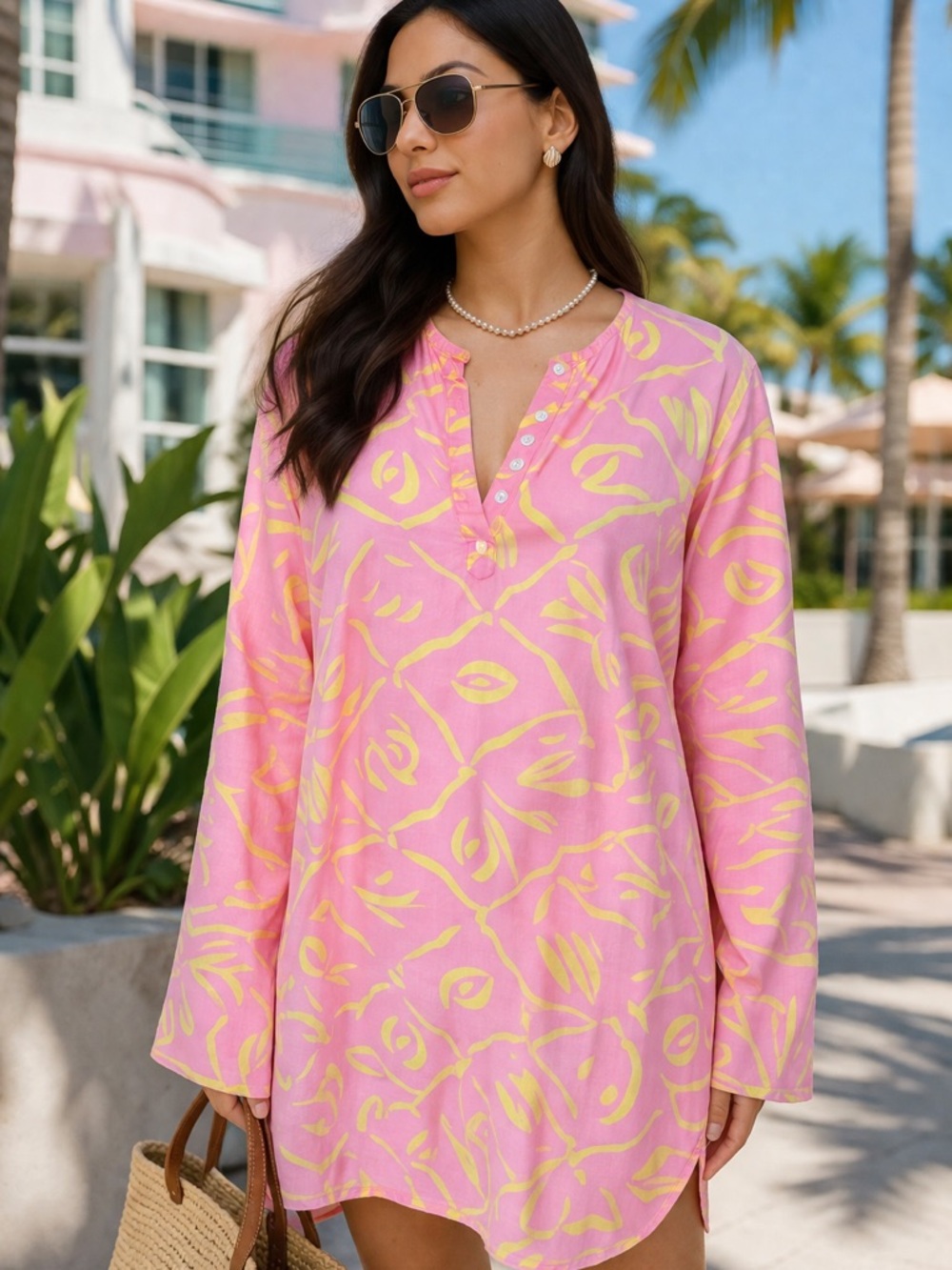 SEE DESIGN Resortwear Travel Lightweight Pink Indian Block Print Tunic Dress, L
